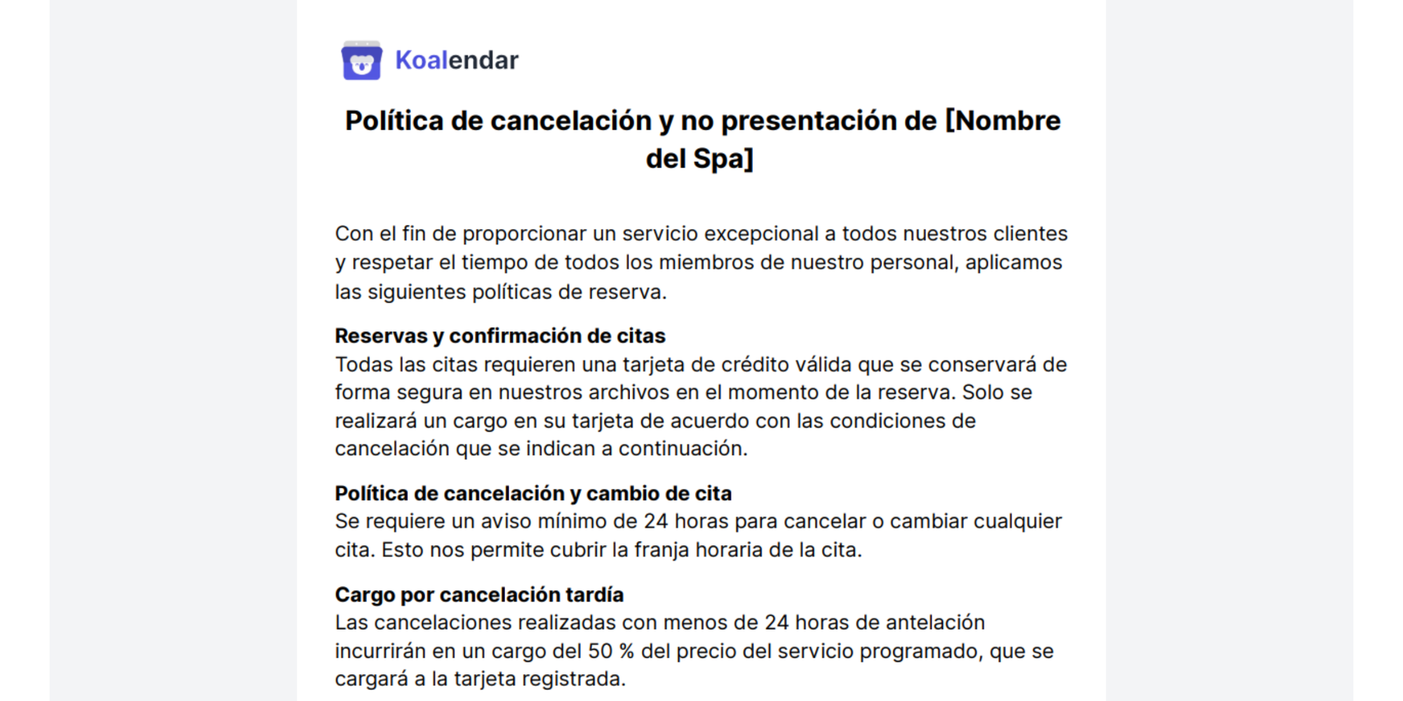 plantilla de política de cancelación de spa